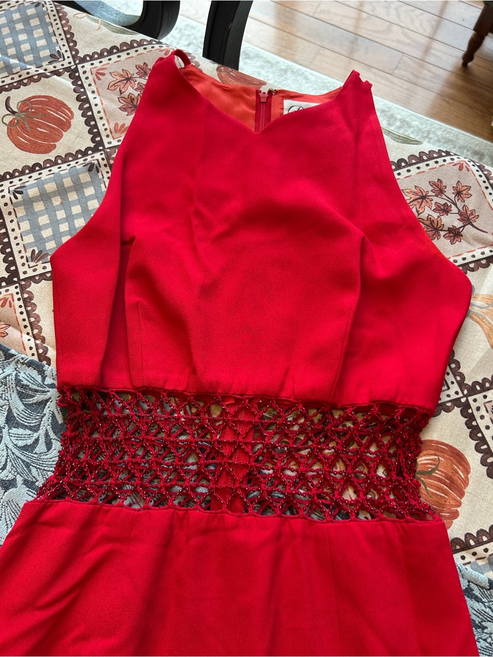 Vintage Red Rimini 100% Cotton Fitted Midi Dress beaded cutout waist
